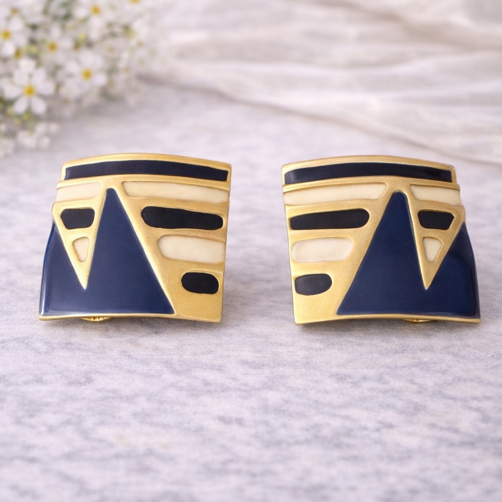 Vintage Navy & Gold Geometric Clip-On Earrings Statement Style